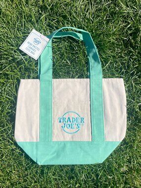 Trader Joe’s Mini Canvas Tote Bag 2026 Spring Drop Teal Straps & Blue Embroidery